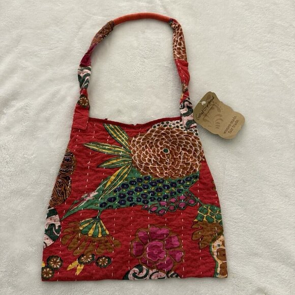 Hand Stitched Kantha Hobo Bag Red Floral Tropical Design - Picture 1 of 11